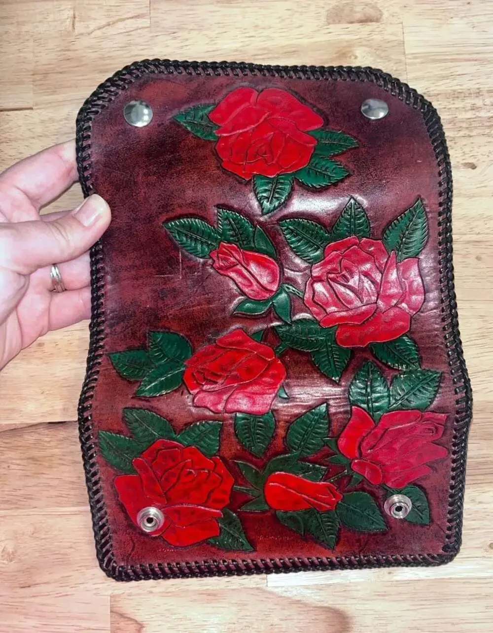 Hand Tooled and Hand Painted Leather Trifold Long Wallet with Rose Floral Design
